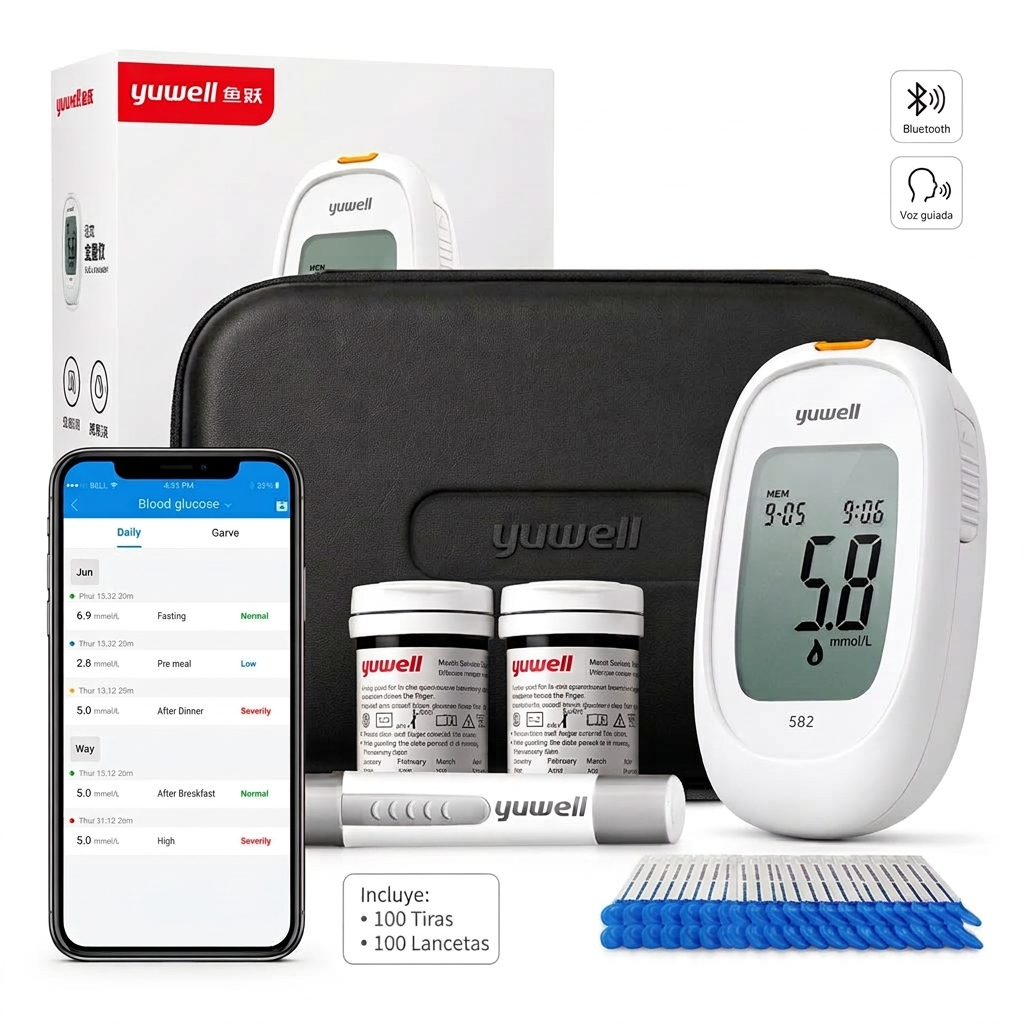 Glucómetro 582 Smart con Bluetooth y Voz Guiada + 100 Tiras + 100 Lancetas