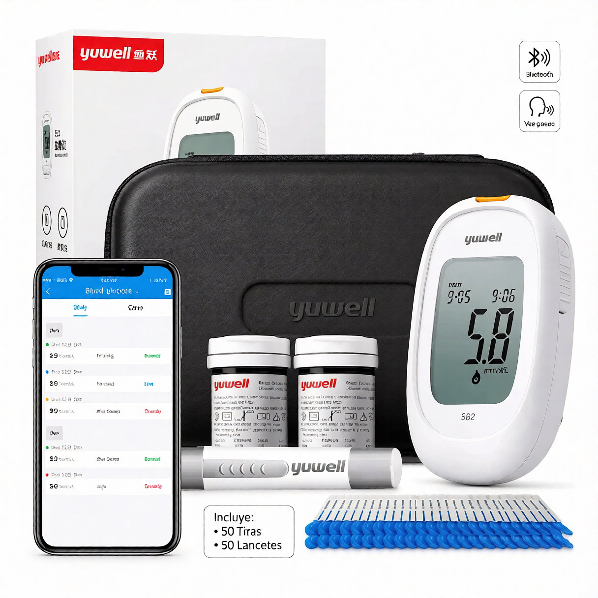 Glucómetro 582 Smart con Bluetooth y Voz Guiada + 50 Tiras + 50 Lancetas