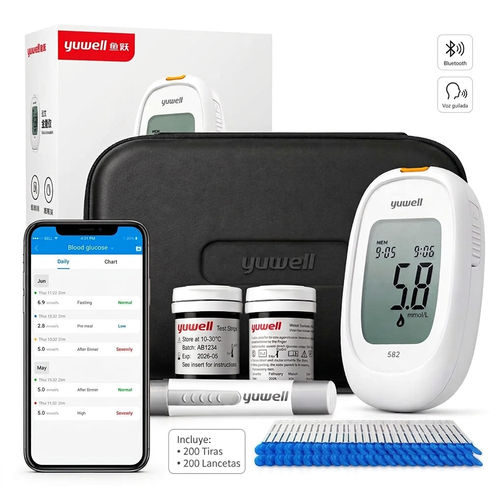 Glucómetro 582 Smart con Bluetooth y Voz Guiada + 200 Tiras + 200 Lancetas