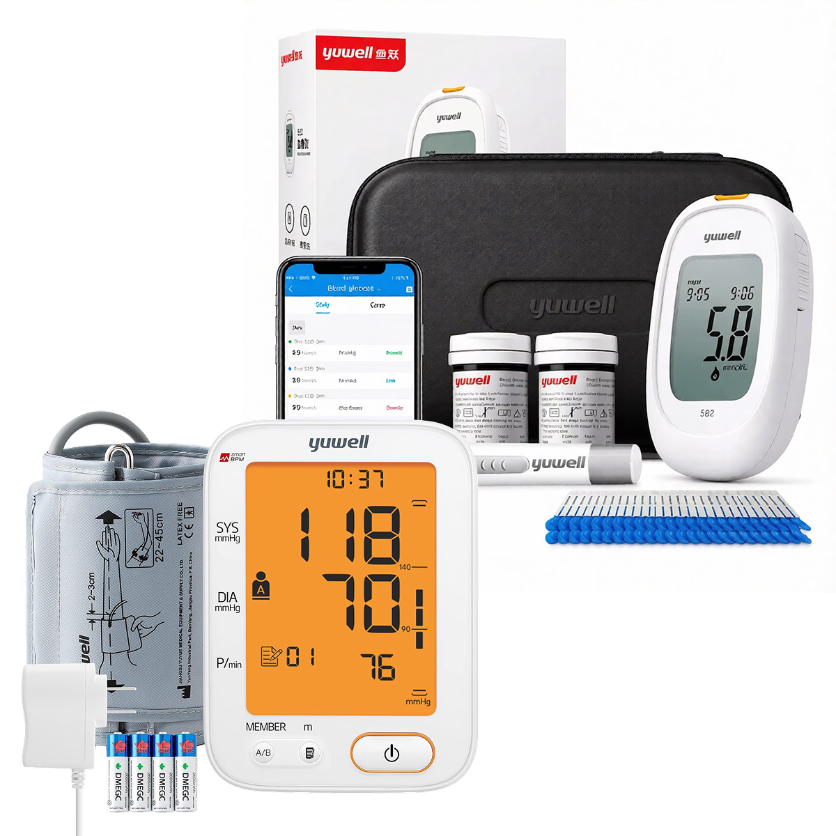 Kit de Medición: Glucómetro 582 Smart + Toma Presión con Voz YE680B